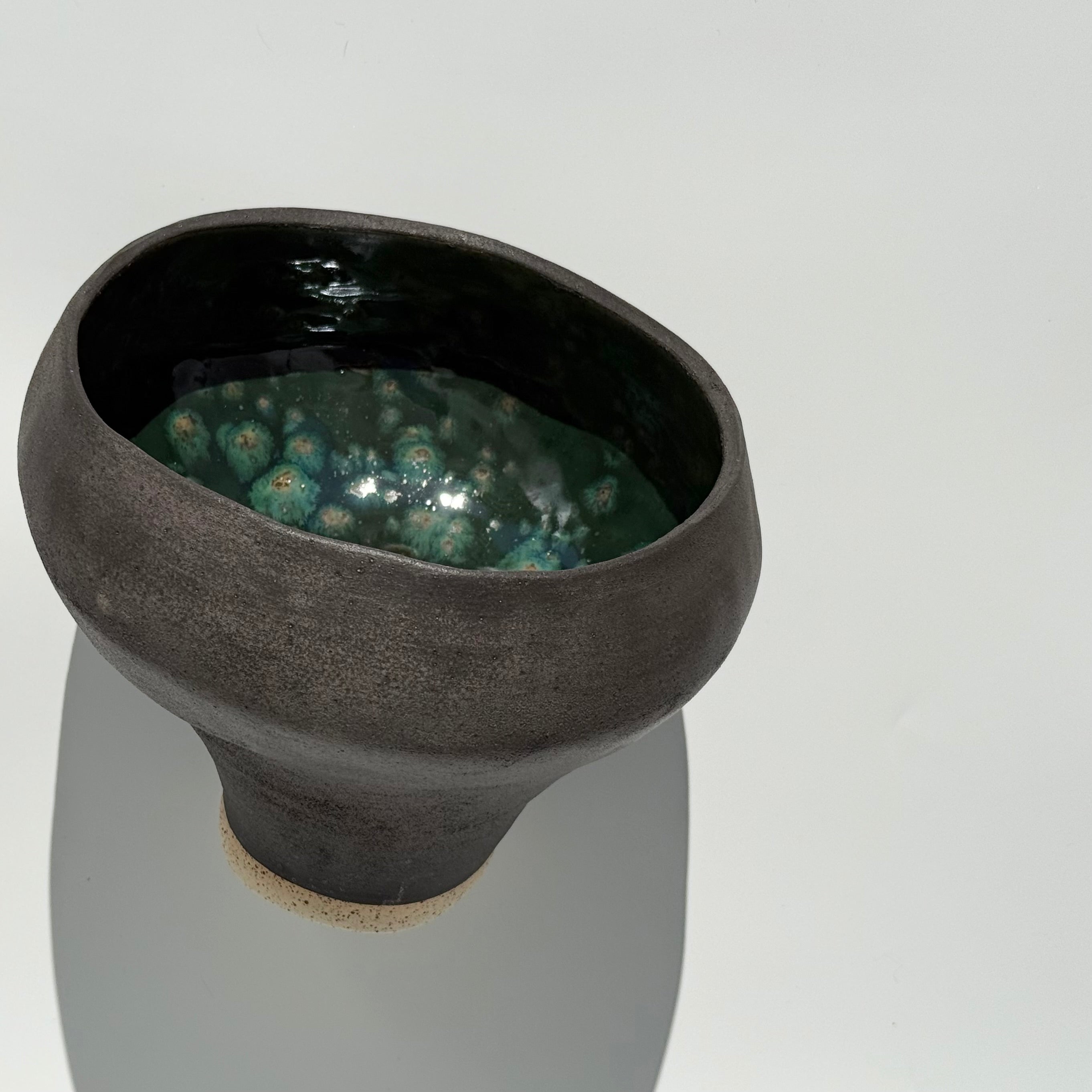 Hand Coiled Oblong Ceramic Bowl - Black Engobe with Olive Float