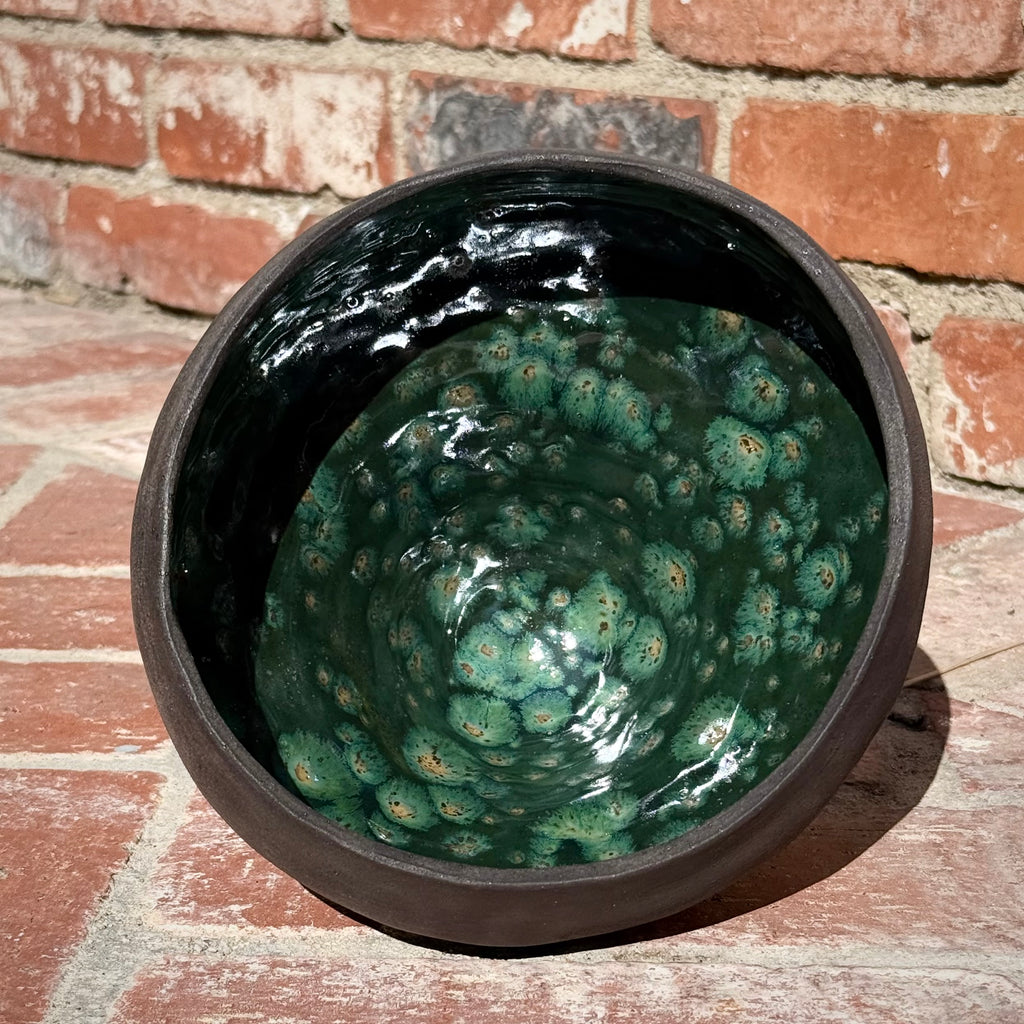 Hand Coiled Oblong Ceramic Bowl - Black Engobe with Olive Float