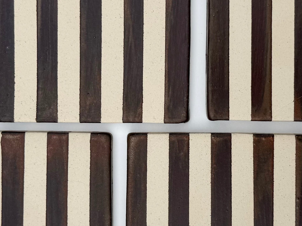 Handmade Ceramic Coasters - Blackened Copper Stripes
