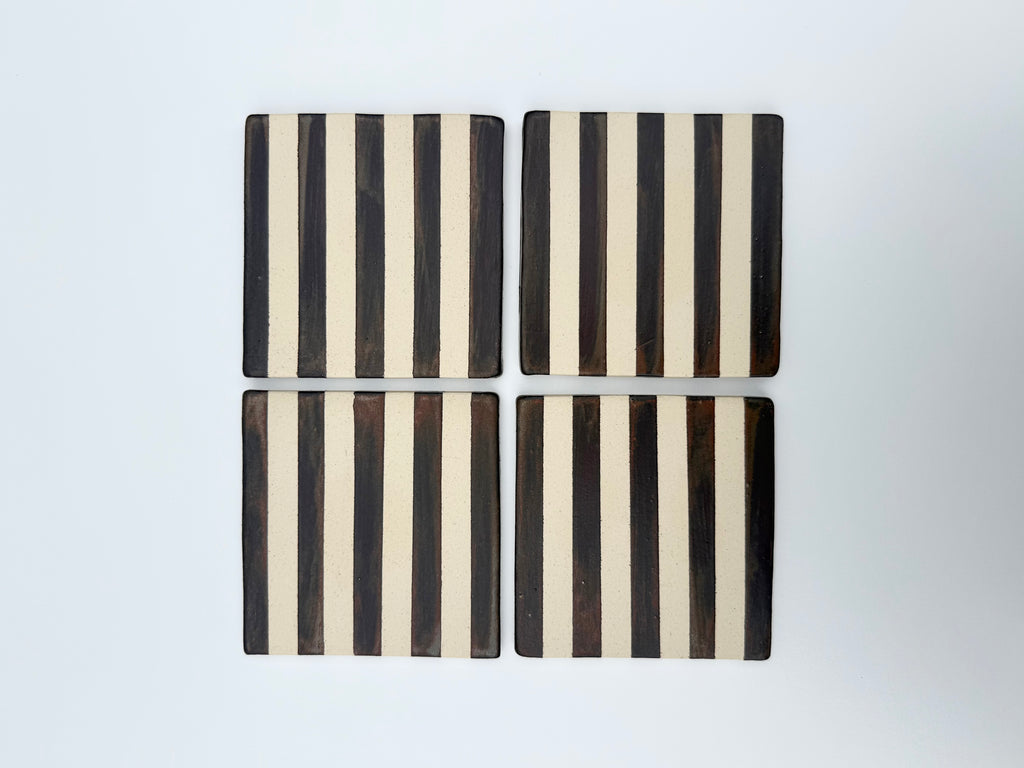 Handmade Ceramic Coasters - Blackened Copper Stripes