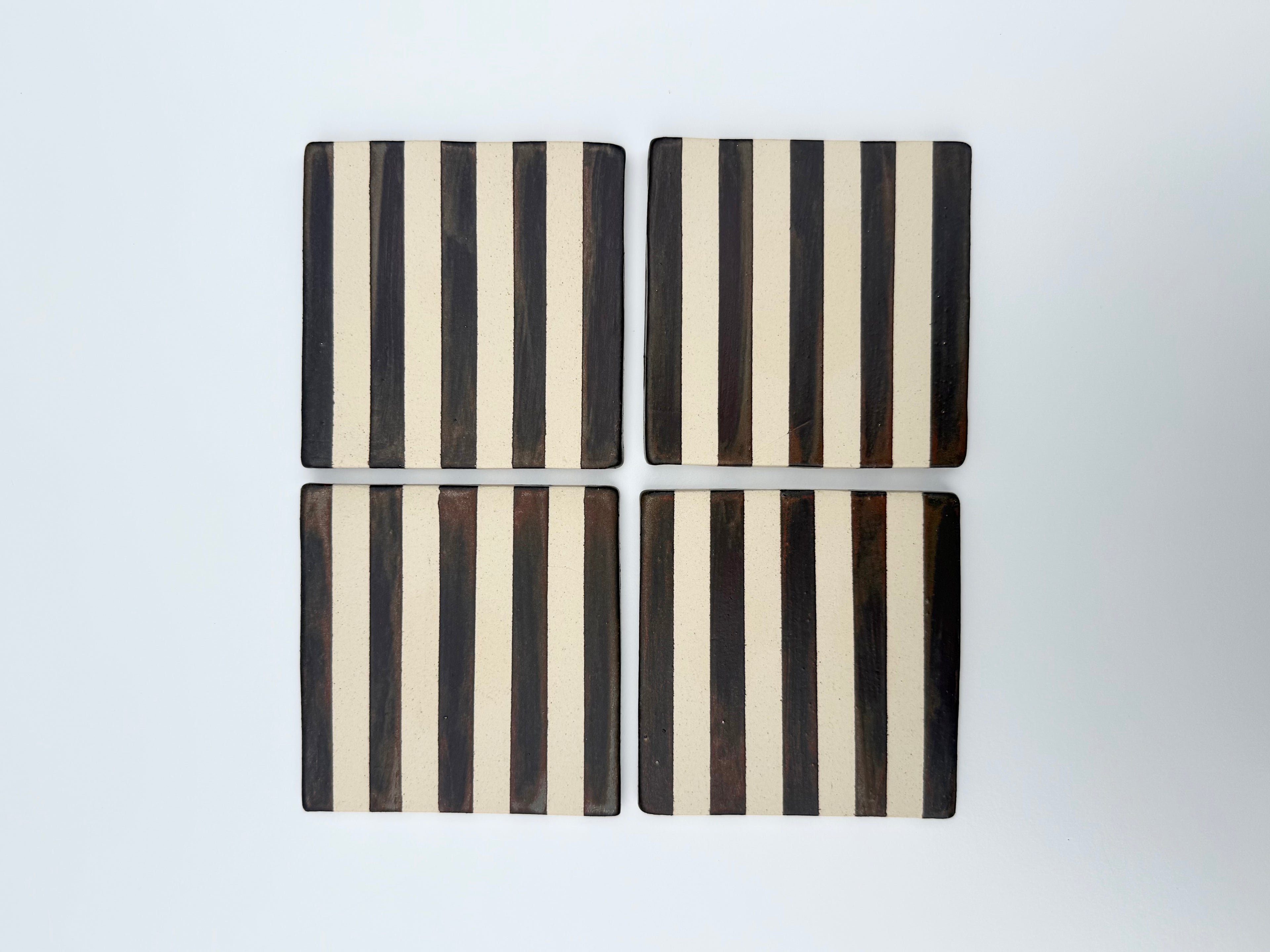 Handmade Ceramic Coasters - Blackened Copper Stripes