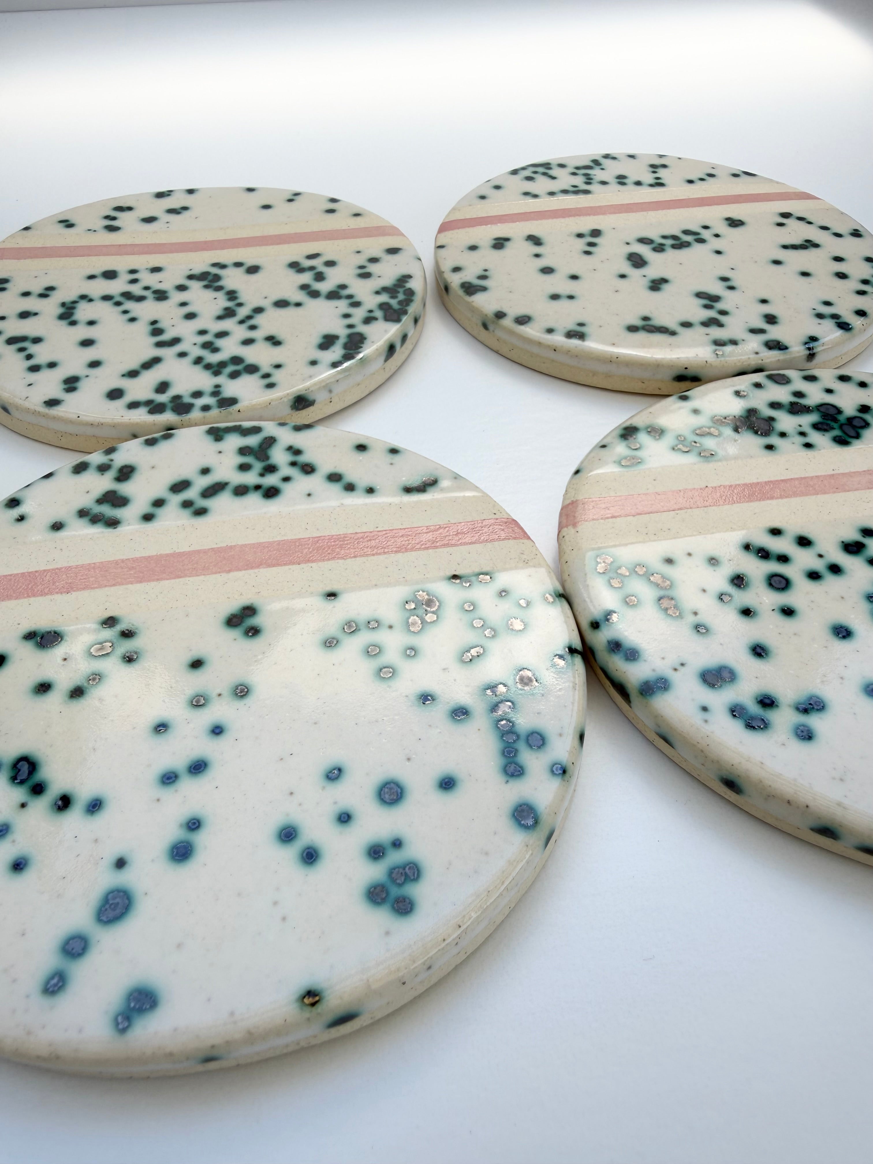 Handmade Ceramic Coasters - Green Jasper and Pink Stripe